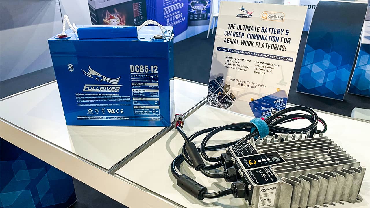 A Fullriver battery and Delta-Q charger on display at a trade show.