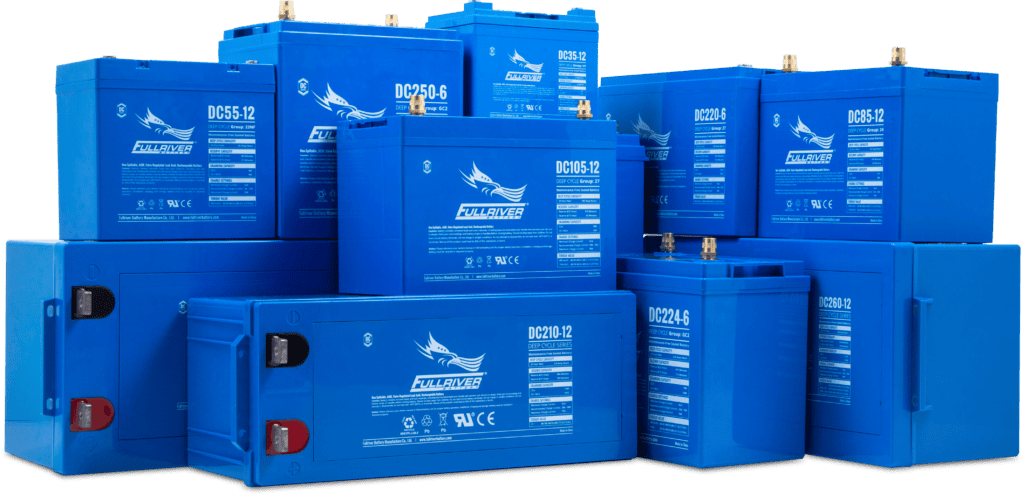 A group of Fullriver Deep Cycle batteries stacked in rows, featuring various sizes and specifications, with labeled details on the front.