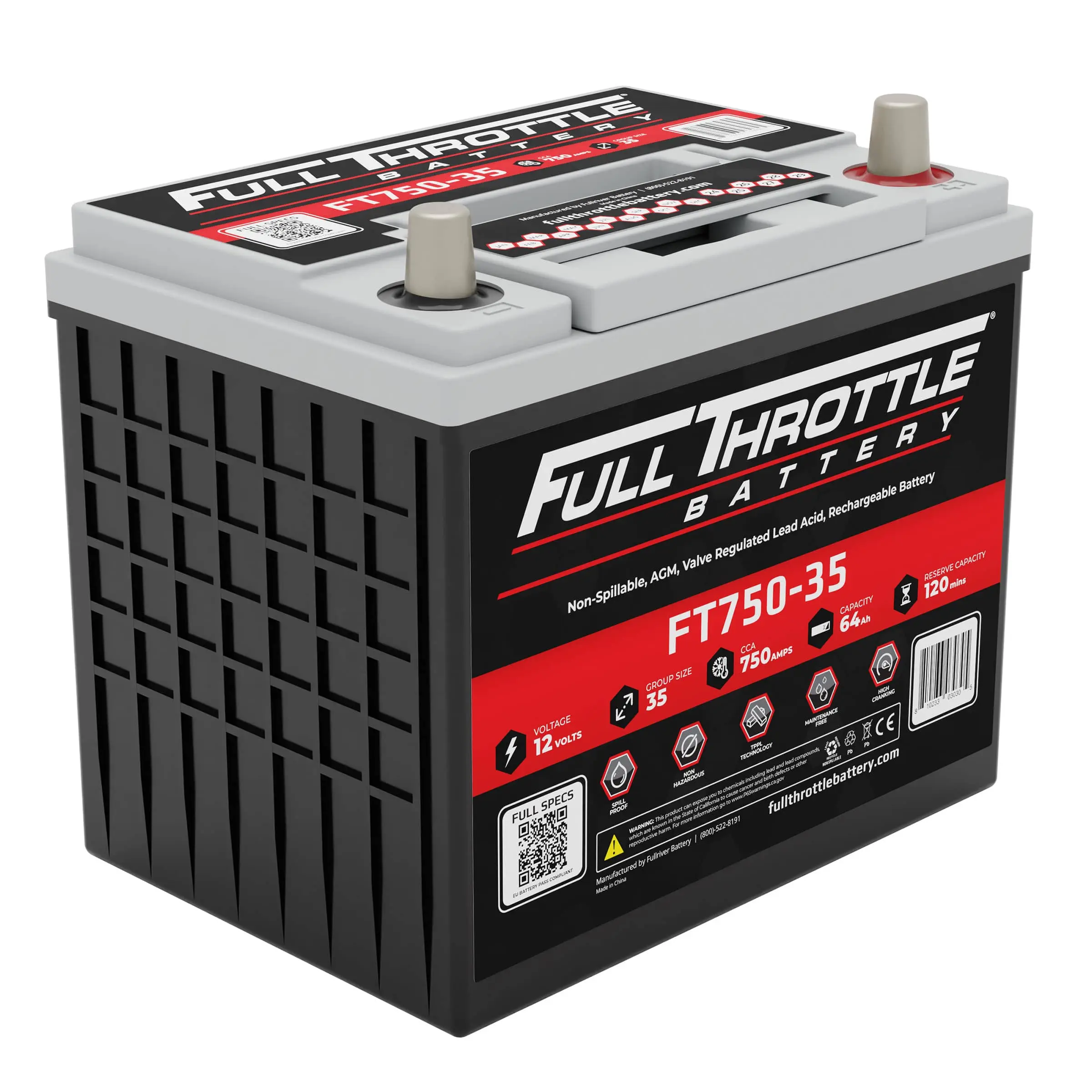 A Full Throttle FT750-35 battery with red and black labeling, featuring specifications and icons.