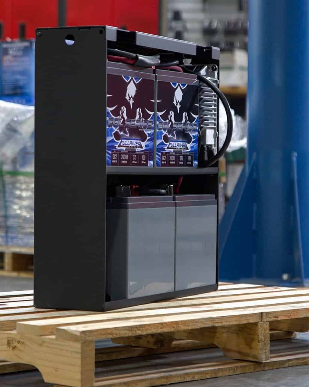 A Fullriver EGL PowerVault box sitting on a pallet in a warehouse.