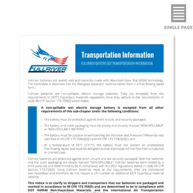 Fullriver Battery Transportation Information